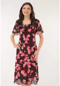 Rochie eleganta din voal bordo cu print floral roz imagine