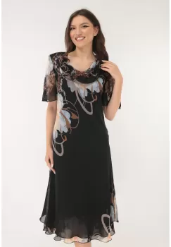 Rochie eleganta din voal negru cu flori maxi crem imagine