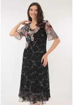 Rochie eleganta din voal negru cu print floral bej imagine