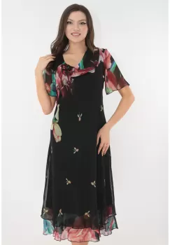 Rochie eleganta din voal negru cu print floral multicolor imagine