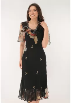Rochie eleganta din voal negru cu print floral orange imagine