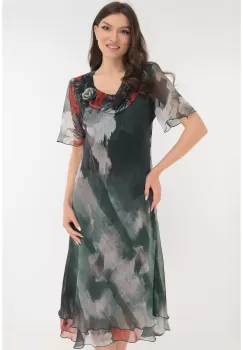 Rochie eleganta din voal verde cu print floral alb-caramiziu imagine