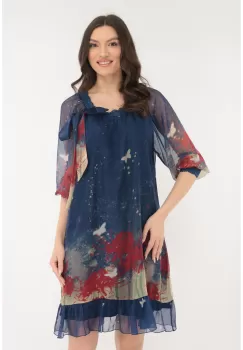 Rochie eleganta evazata din voal albastru cu print abstract rosu imagine