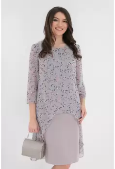 Rochie eleganta gri cu imprimeu floral si aspect suprapus imagine