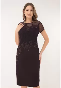 Rochie eleganta mov-pruna cu broderie si dantela imagine