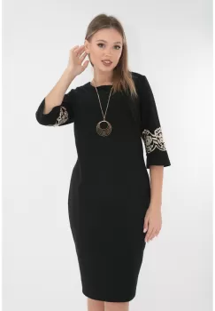 Rochie eleganta neagra cu broderie florala la maneci imagine