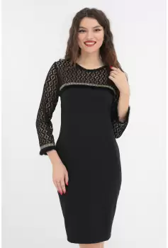 Rochie eleganta neagra cu dantela si banda aurie cu blanita imagine
