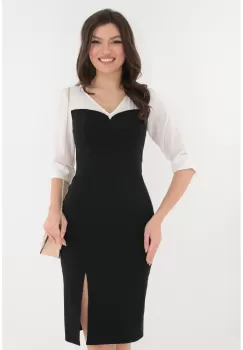 Rochie eleganta neagra cu decolteu parte peste parte si slit discret imagine