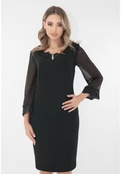 Rochie eleganta neagra cu insertii din dantela la decolteu si maneci imagine