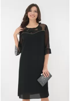 Rochie eleganta neagra cu insertii din organza si margelute argintii imagine