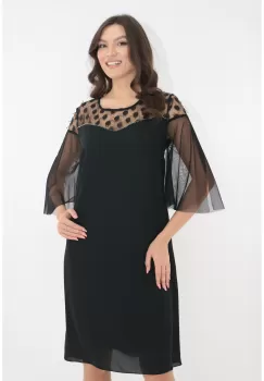 Rochie eleganta neagra cu insertii din tulle cu buline si franjuri imagine