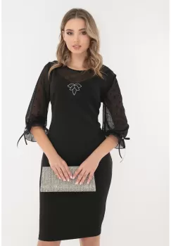 Rochie eleganta neagra cu maneci din tulle cu buline imagine