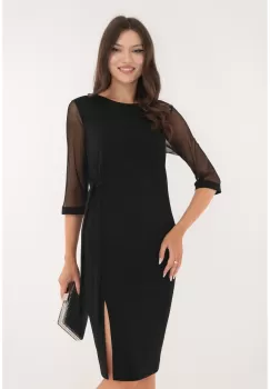 Rochie eleganta neagra cu maneci din tulle si cordon in talie imagine