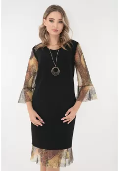 Rochie eleganta neagra cu maneci si volan din tulle olive imagine