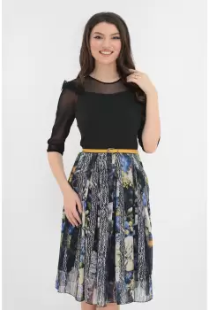 Rochie eleganta neagra cu pliuri si print floral multicolor imagine