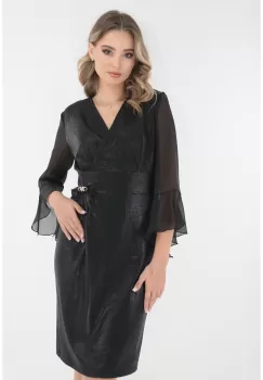 Rochie eleganta neagra din jerse sidefat si accesorizata cu brosa imagine