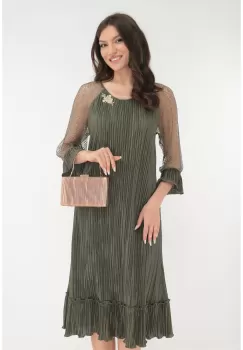 Rochie eleganta olive cu broderie la decolteu imagine