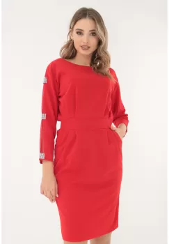 Rochie eleganta rosie cu insertii din tulle si strasuri pe maneci imagine