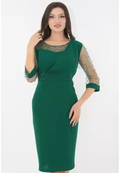 Rochie eleganta verde cu maneci din mesh cu strasuri imagine