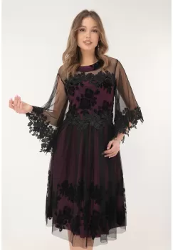 Rochie eleganta violet cu tulle negru si broderie florala imagine