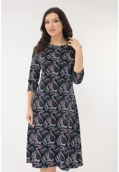 Rochie evazata bleumarin cu desen abstract roz-alb imagine