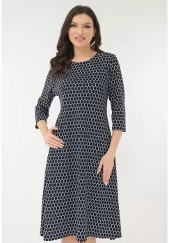 Rochie evazata bleumarin cu imprimeu alb hexagonal imagine