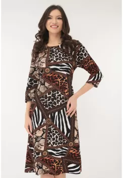 Rochie evazata cu model animalprint alb-maro imagine