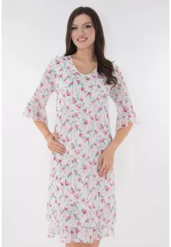 Rochie evazata din voal alb cu print floral roz imagine
