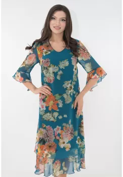 Rochie evazata din voal albastru cu print floral maxi imagine