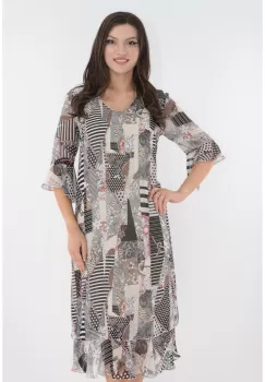 Rochie evazata din voal cu print abstract multicolor imagine