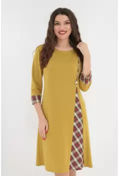 Rochie evazata mustar cu garnituri in carouri imagine