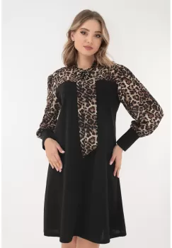 Rochie evazata neagra cu animal print la maneci si decolteu imagine