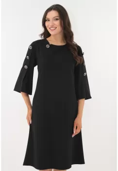 Rochie evazata neagra cu dungi violet si nasturi decorativi imagine