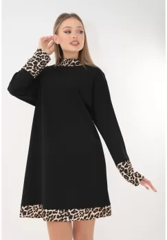 Rochie evazata neagra cu insertii cu animal print bej imagine