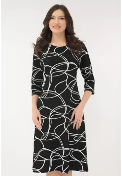 Rochie evazata neagra cu linii albe imprimate imagine