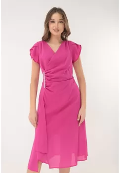 Rochie fucsia de ocazie cu glitter si fronseuri imagine