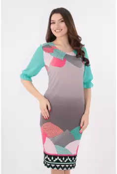 Rochie gri cu print geometric si maneci turcoaz imagine