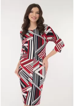 Rochie ivory cu print geometric rosu-bleumarin imagine