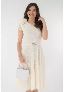 Rochie ivory de ocazie din tulle cu buline si floare maxi pe umar imagine