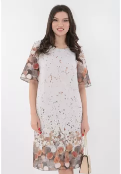 Rochie lejera alba cu imprimeu abstract bej la tiv imagine