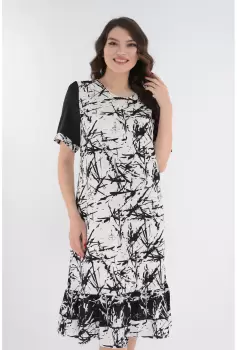 Rochie lejera alba cu print abstract si volanas la tiv imagine
