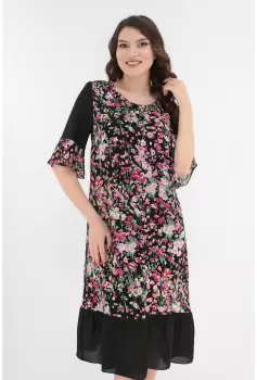 Rochie lejera cu imprimeu floral multicolor si volanas la tiv imagine
