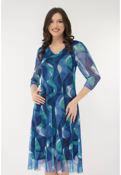 Rochie lejera din tulle cu model abstract turcoaz-albastru imagine