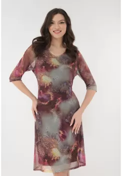 Rochie lejera din tulle cu print abstract bordo-caramiziu imagine