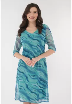 Rochie lejera din tulle cu print abstract turcoaz imagine