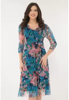 Rochie lejera din tulle cu print floral roz-albastru imagine