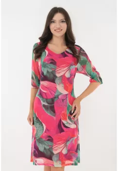 Rochie lejera din tulle cu print floral verde-corai imagine