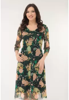 Rochie lejera din tulle negru cu print floral roz-verde imagine
