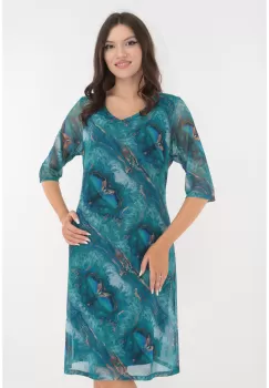 Rochie lejera din tulle turcoaz cu print abstract imagine