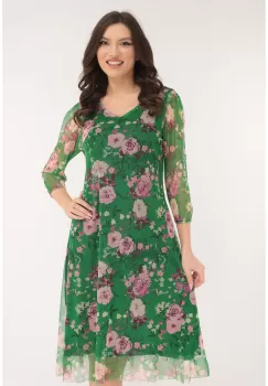 Rochie lejera din tulle verde cu print floral roz maxi imagine